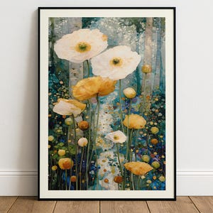 May include: A framed art print depicting a watercolour painting of white and yellow poppies. The flowers have a textured look with yellow centres, set against a backdrop of teal and blue, creating a tranquil floral scene.