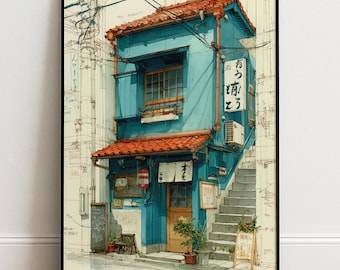 May include: Watercolor painting of a Japanese building with a teal facade and a red-tiled roof. The building has a small entrance, a staircase, and a sign with Japanese text. The artwork is framed in a black frame.