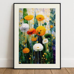 May include: A framed watercolour painting of colourful flowers. The artwork features yellow, orange, white, and green flowers with a soft, blurred background. The painting is in a black frame and is displayed on a white wall.