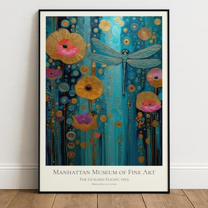 Libelle Teal & Gold Print, Abstrakte Blumen Wandkunst, Boho Glam Poster, Türkis Natur Illustration, Wunderliche Gartendekoration