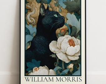 Black Cat Floral Art Print in William Morris Style, Arts & Crafts Wall Art
