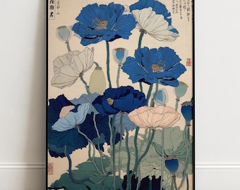 Japanese Blue Poppy Wall Art Print, Ukiyoe Poster, Indigo and