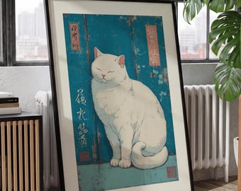Può includere: Stampa artistica incorniciata raffigurante un gatto bianco con gli occhi chiusi, su sfondo turchese con testo giapponese e decorazioni floreali. L'opera è in una cornice nera, vicino a una finestra.