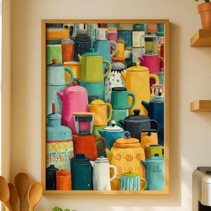 Kleurrijke print koffiepot, retro keukenkunst aan de muur, poster theepot uit het midden van de eeuw