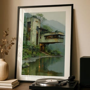 May include: A framed art print titled The Landscape Archive of Structural Forms, 1983, depicting a multi-level concrete building with cantilevered sections nestled in a lush, green, misty forest landscape beside a calm, reflective body of water.