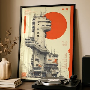 May include: A framed vertical poster featuring a detailed architectural illustration of a tall, industrial-style building in shades of gray and white, set against a large, solid red circle on a cream background with Japanese text and technical markings.