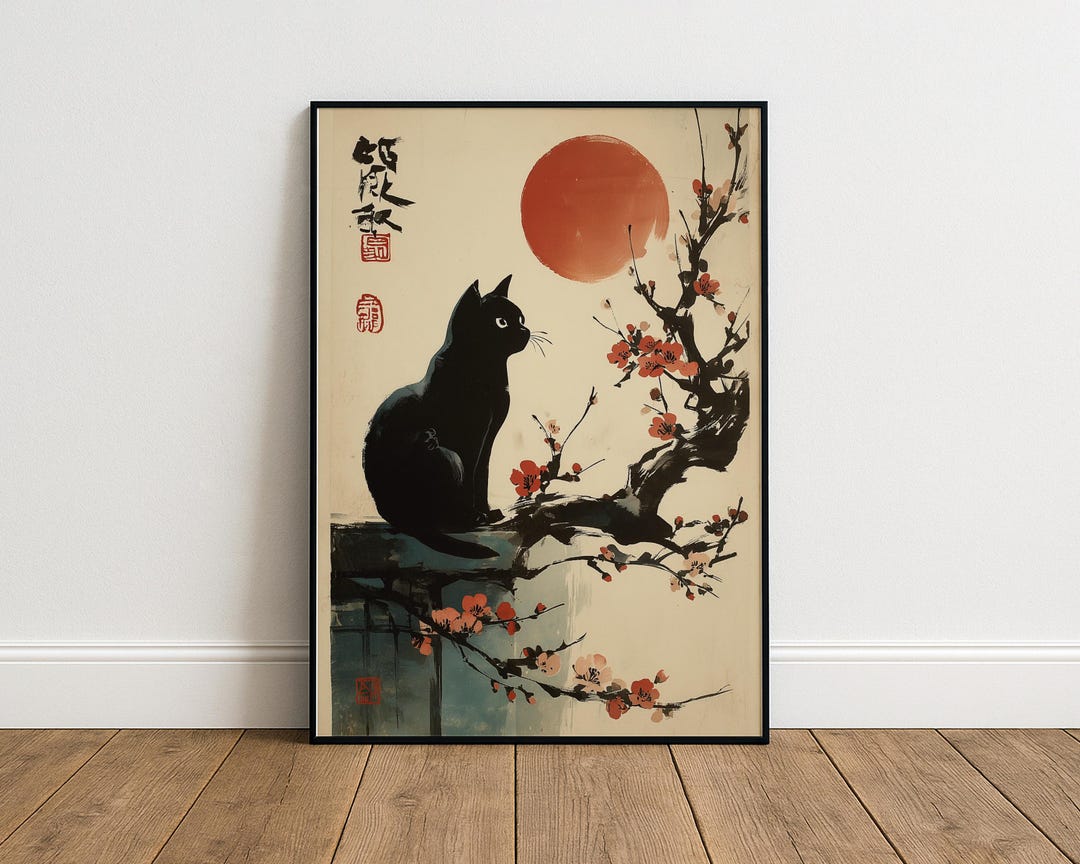 Black Cat Wall Art Print, Japanese Sunset Poster, Sumi-e Ink Style Cat ...