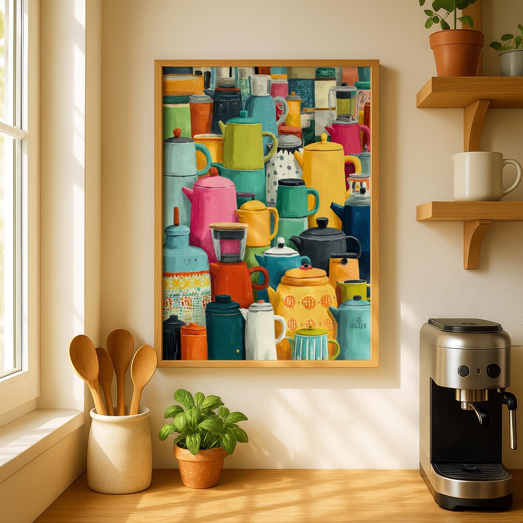 Colourful Coffee Pot Print, Retro Kitchen Wall Art, Mid Century Teapot ...