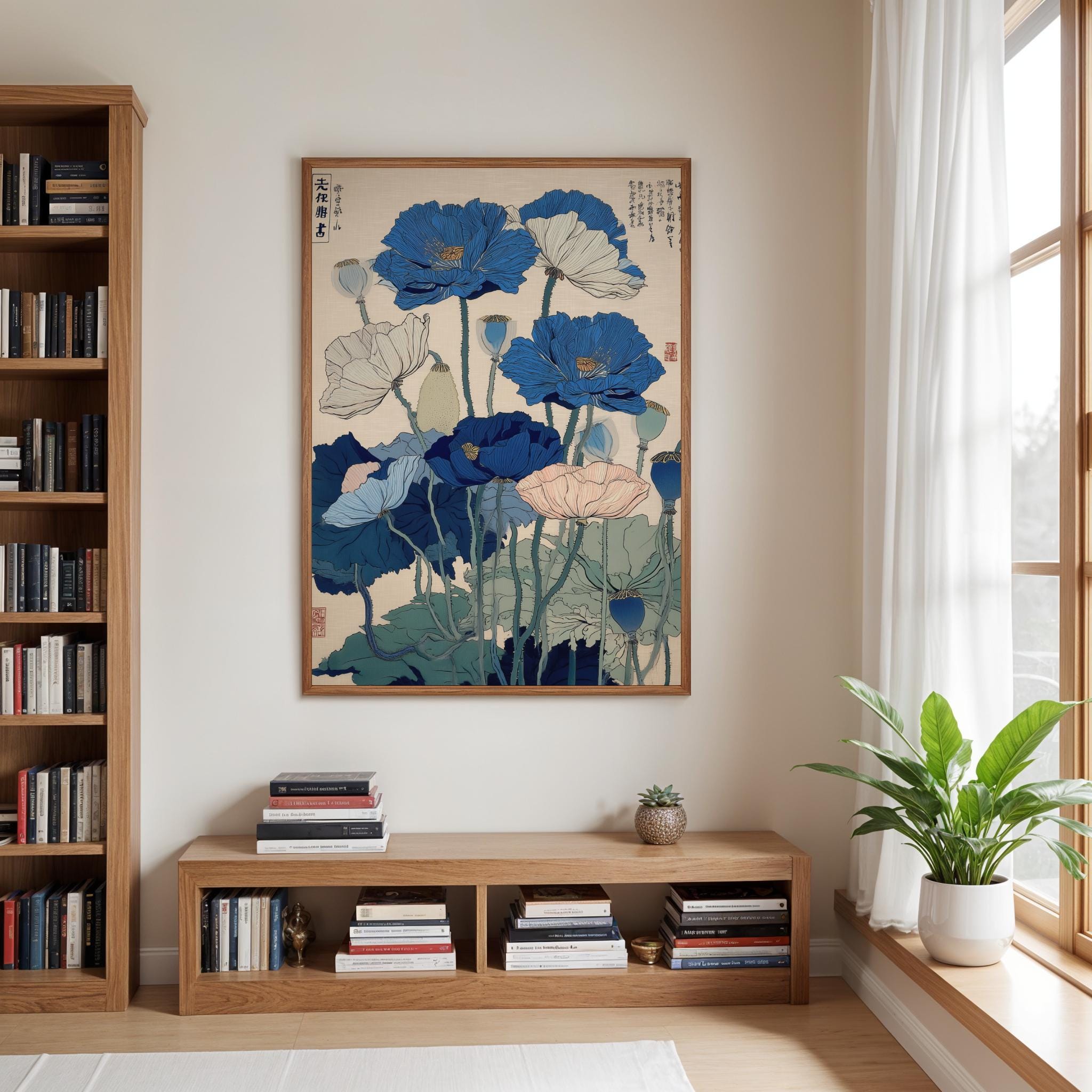 Japanese Blue Poppy Wall Art Print, Ukiyoe Poster, Indigo and