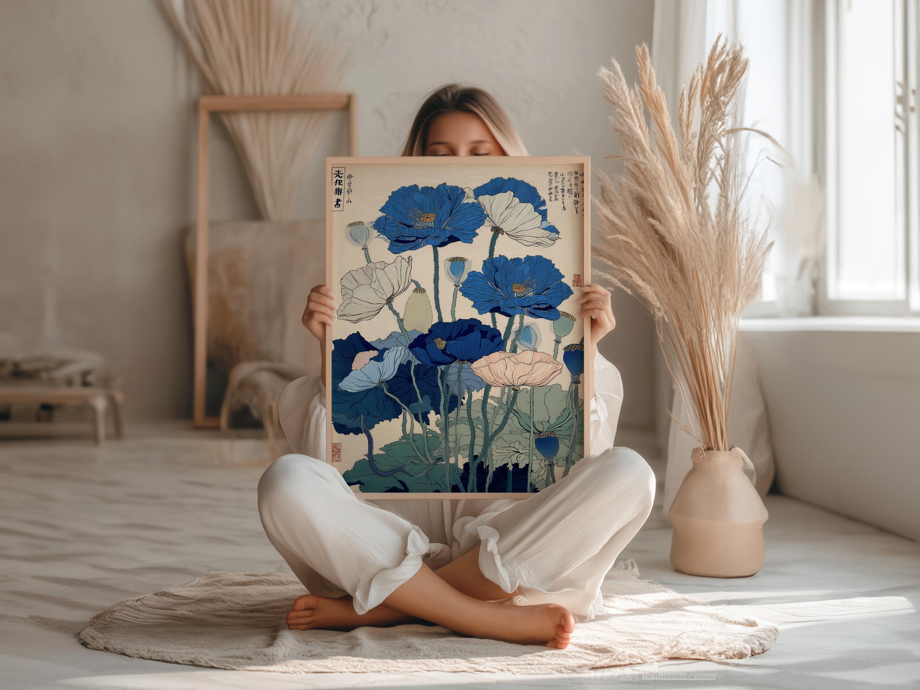 Japanese Blue Poppy Wall Art Print, Ukiyoe Poster, Indigo and
