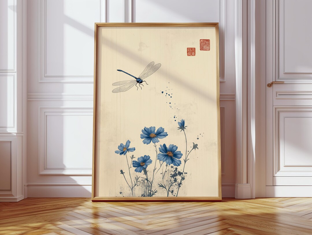 Dragonfly Flower Poster, Blue Botanical Wall Art, Minimal Japanese ...
