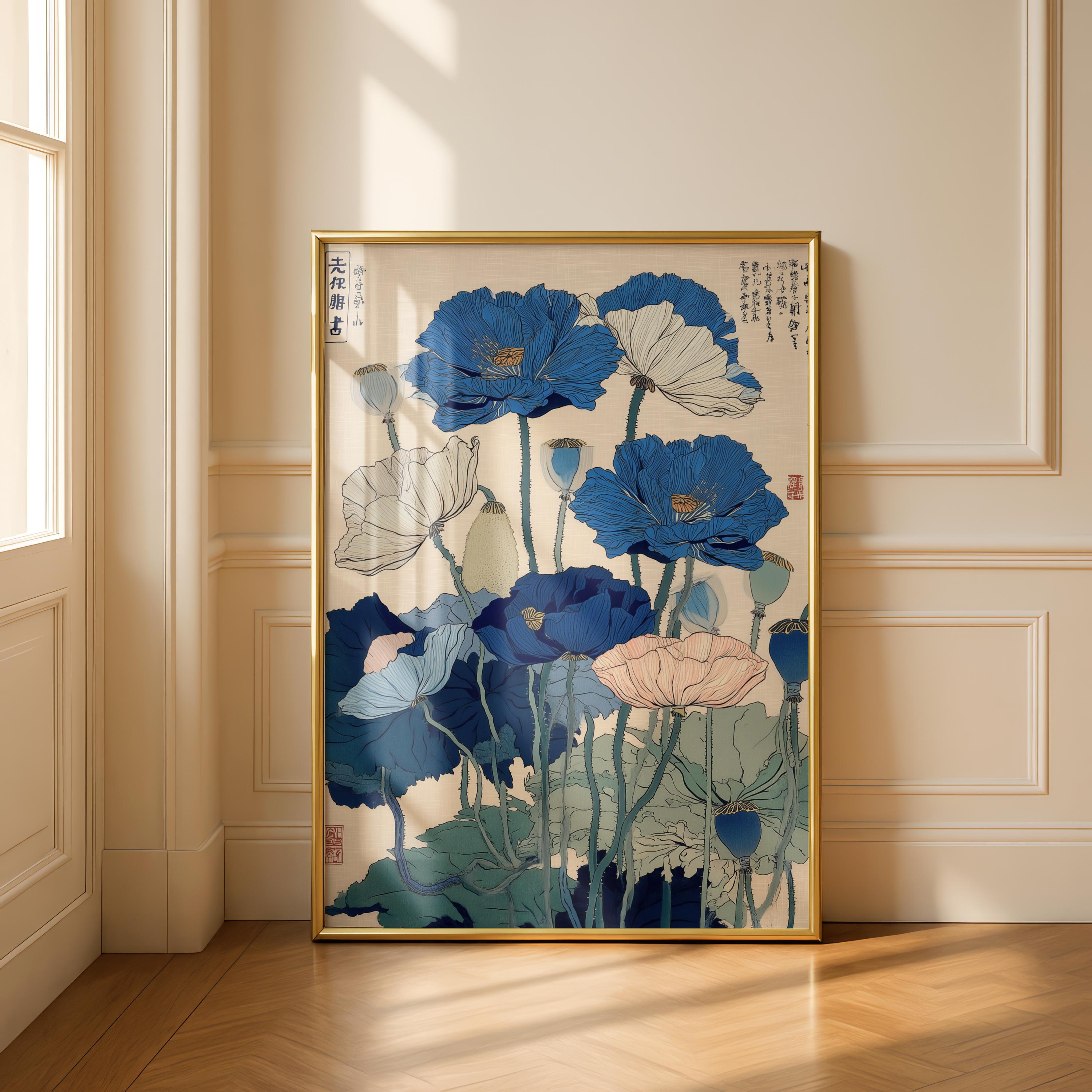 Japanese Blue Poppy Wall Art Print, Ukiyoe Poster, Indigo and