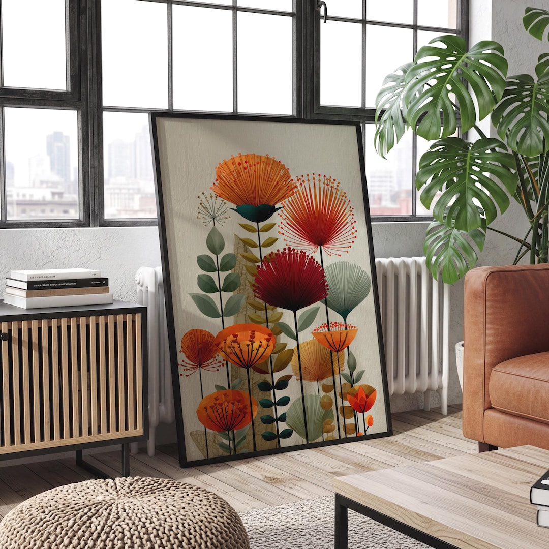Mid Century Floral Print, Orange Botanical Wall Art, Retro Flower ...