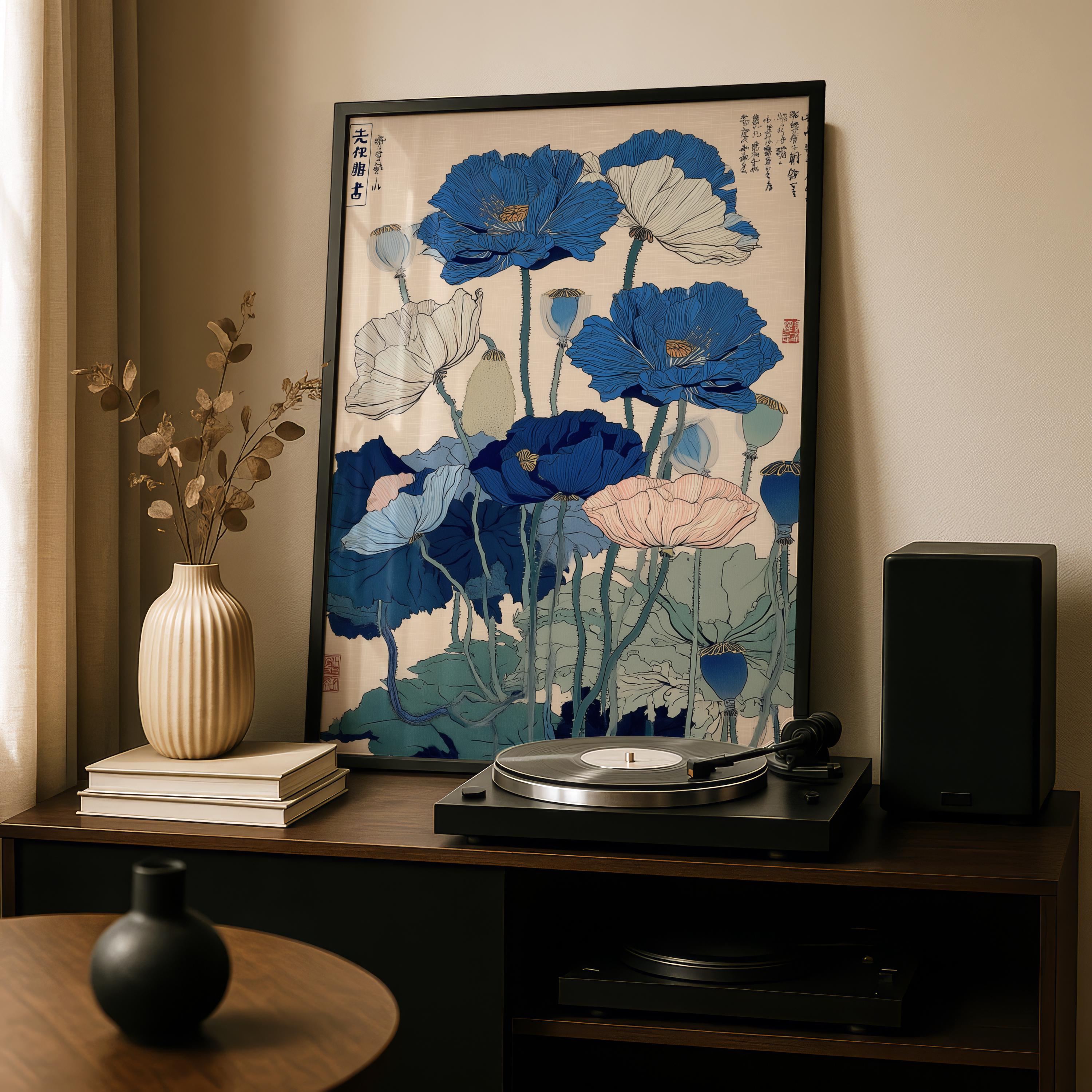 Japanese Blue Poppy Wall Art Print, Ukiyoe Poster, Indigo and