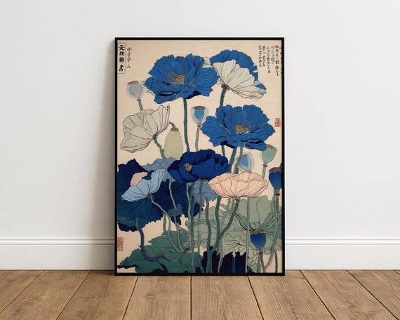 Japanese Blue Poppy Wall Art Print, Ukiyoe Poster, Indigo and