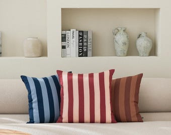 Red Striped Pillow Cover, Natural Linen Throw Pillow Covers with Zipper
