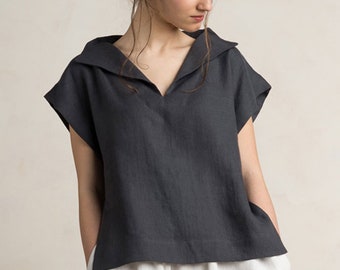 Natural linen blouse for women, Dark grey blouse, Linen women's clothing, Linen top, Linen clothes for woman