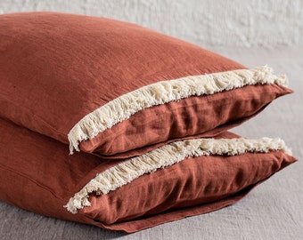 Linen pillow sham with brush fringe, Burnt orange linen pillowcase, 30 colors, Includes 1 pillowcase, Terracotta linen bedding with fringe