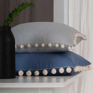 Linen pom pom pillow cover, Custom linen pillow with pom poms, Handmade pompom throw pillows