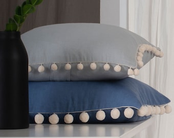 Housse de coussin pompon en lin, coussin en lin personnalisé avec pompons, coussins pompons faits main