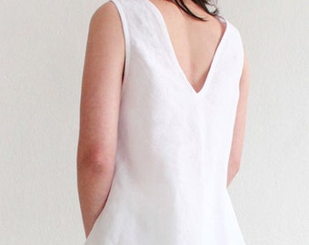 Handmade linen dress V neck, Custom color dresses, Short white dress