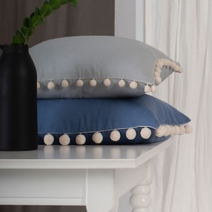 Linen pom pom pillow cover, Custom linen pillow with pom poms, Handmade pompom throw pillows