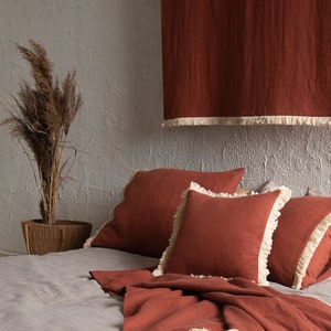 Linen window curtains with fringe, Rod pocket curtains, Unlined or Blackout curtain panels, 1 linen curtain panel image 2