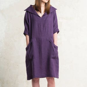 Relaxed linen dress for woman, Midi dress with pockets, Linen women's dresses, Collar dress for women image 1