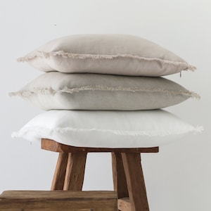 Heavy linen pillow cover with fringe, Fringe throw pillow covers with zipper, Square or lumbar linen pillows
