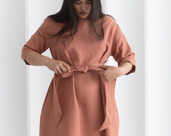 Linen Midi Dress, Boat Neck Dress with Belt and Pockets, Various Colors