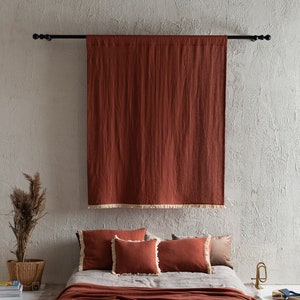 Linen Window Curtains with Fringe, Rod Pocket Curtains, Unlined or Blackout Curtain Panels, Burnt Orange Drapes