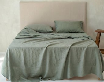Moss Green Linen Bedding Set, Natural Bed Sheets Set with Fitted, Upper Flat Sheet, and Pillowcases
