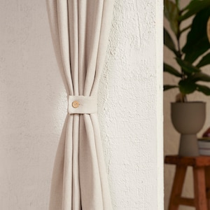 Linen Tie Backs for Curtains. Set of 2 Curtain Tiebacks with Buttons. Custom Color Fabric Curtain Holdback with coconut button.