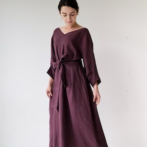 Long linen dress with pockets and belt, Linen maxi dress in various colors, V back dresses, Natural linen womens clothing