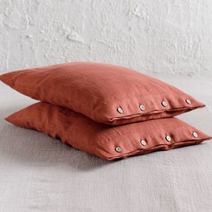 Linen Pillowcases with Buttons, Set of 2, Burnt Orange Linen pillowcase Pair, Standard, King, Queen, Natural Bedding