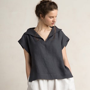 Natural linen blouse in various colors, Dark grey blouse, Linen women&#39;s clothing, Short sleeve linen top, Casual linen clothes for woman