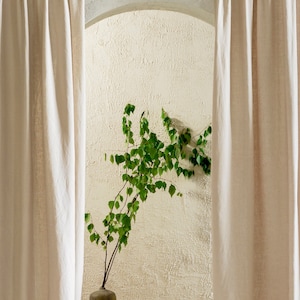 Short blackout-lined oatmeal linen curtains with tape for rings, 2 curtain panels included