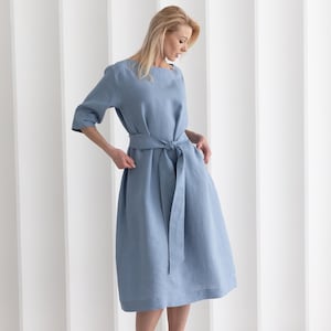 Elegante linnen jurk, jurk, damesjurken, linnen midi-jurk, natuurlijke jurk met zakken Blue Mist, aangepaste zomerjurk, lange linnen jurk