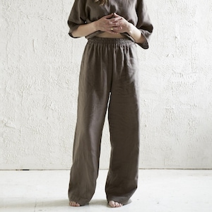 Leinenhose für Frauen, Elastische Taillenhose mit Taschen, Hose mit weitem Bein, Natürliche Damenhose in verschiedenen Farben