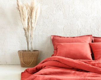 Linen sheet set, Natural bed sheets, 30 colors, Coral linen bedding set