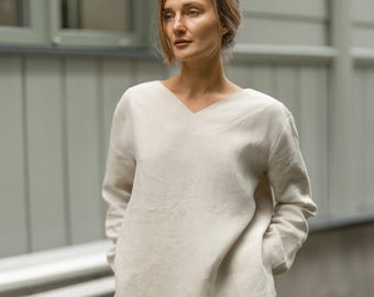 Linnen blouse met lange mouwen, V-hals, relaxte pasvorm