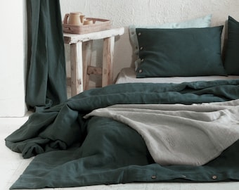 Green linen duvet cover, 30 colors, Forest green linen bedding, Dark emerald green duvet cover