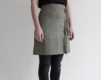 Linen half apron, Moss green linen apron, Green apron, Short linen apron, Half apron, Linen waist apron, Kitchen apron