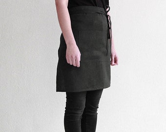 Linen half apron, Black linen apron, Black apron, Short linen apron, Half apron, Linen waist apron, Kitchen apron