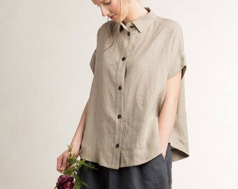 Linen shirt for women, Loose fit women's shirt, Short sleeve shirt, Natural top women, Linen summer blouse, Linen women's clothing