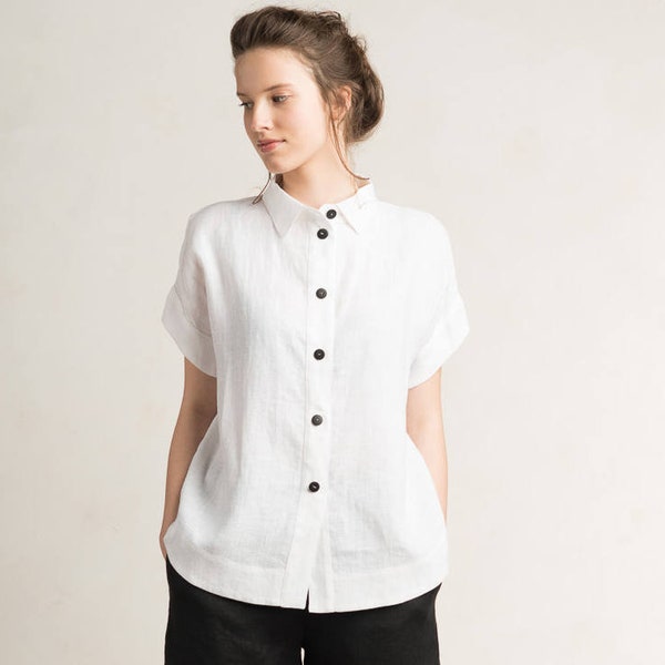 Weißes Leinen Damenhemd in verschiedenen Farben, Weißes Leinen Damenhemd in verschiedenen Farben, Weißes Leinen Damenhemd, Kurzarmhemd, Weißes Leinen Sommerhemd