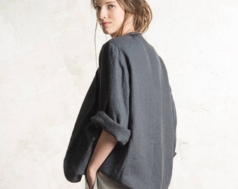 Veste en lin anthracite, veste gris foncé pour femme, vêtements pour femmes en lin de couleur personnalisée, cardigan en lin, manteau long en lin, haut à manches longues