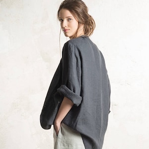 Charcoal linen jacket, Dark grey jacket for women, Custom color Linen womens clothing, Linen cardigan, Long linen coat, Long sleeves top image 1