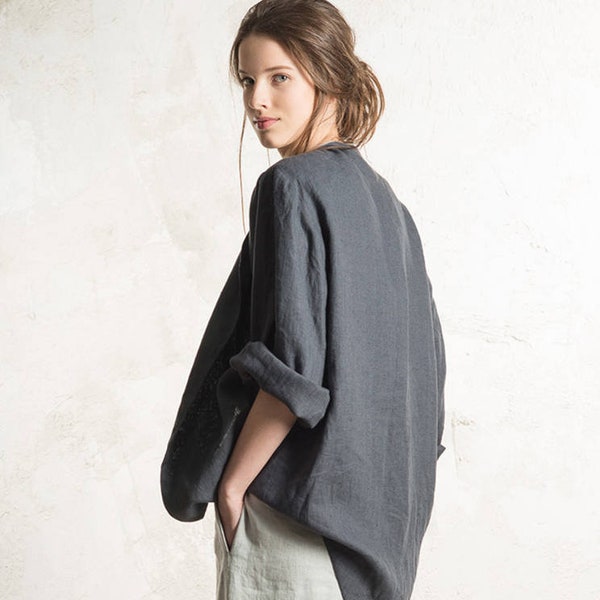 Charcoal linen jacket, Dark grey jacket for women, Custom color Linen womens clothing, Linen cardigan, Long linen coat, Long sleeves top