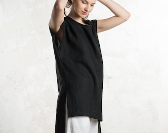 Linen tunic for women, Long black linen top, Linen summer clothing